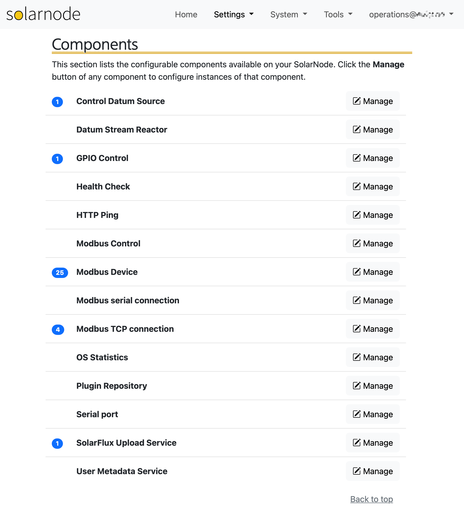 SolarNode components list UI